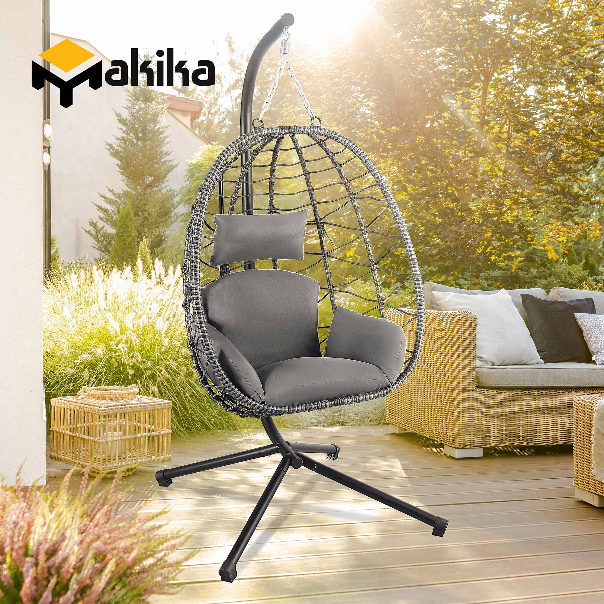 Makika Hängesessel mit Gestell höhenverstellbar aus Polyrattan in Grau