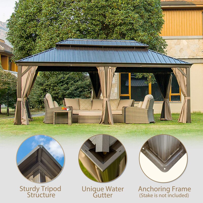 Gazebo Calaro em aço galvanizado para pátio, com 5,94 m de largura x 3,35 m de profundidade.