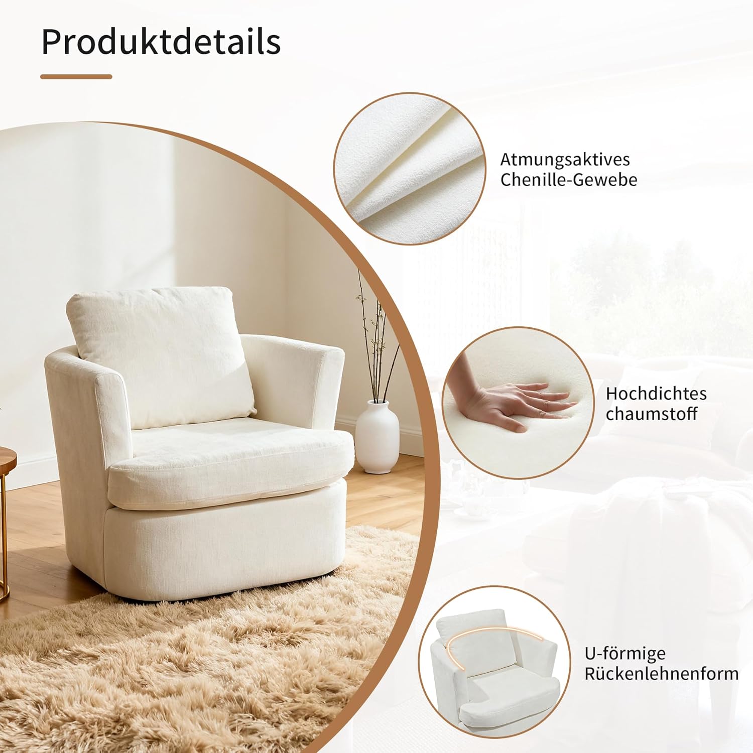 Drehsessel, Chenille Sessel, 360° Schwenkbarer Entspannungsstuhl, mit U-förmiger Rückenlehne und gepolsterter Sitzfläche, geeignet für Wohnzimmer, Schlafzimmer und Büro, Weiß