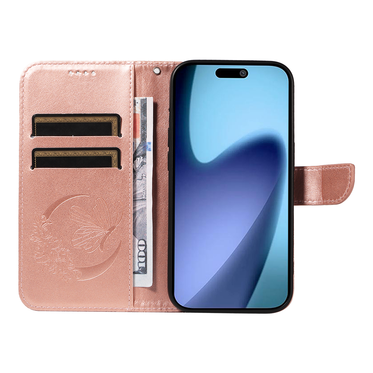 iPhone Air Leder Tasche Flip Cover Schmetterlinge Imprint - Roségold