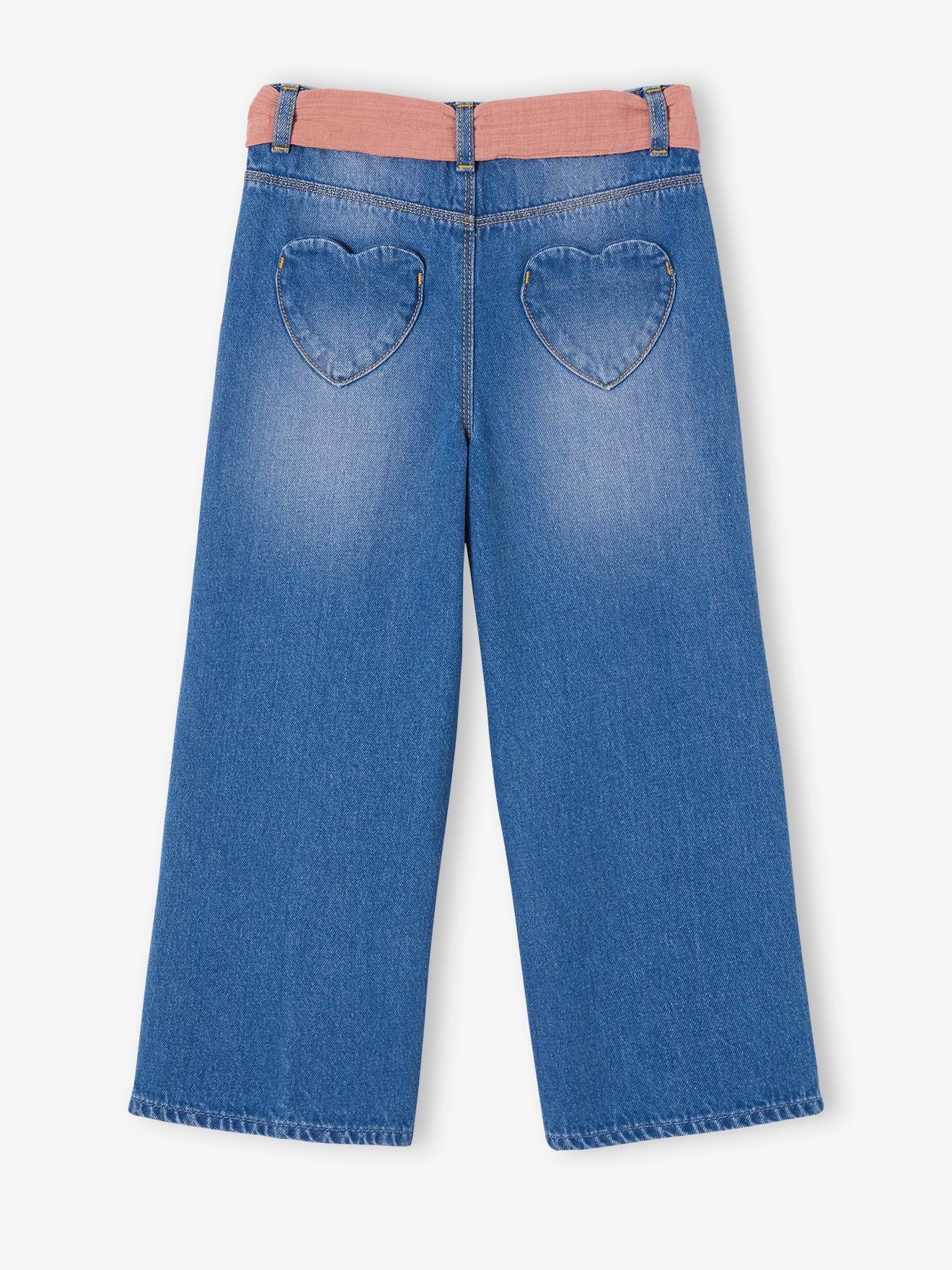 Calça jeans de pernas largas até o tornozelo com cinto de chiffon de algodão para uma mulher de estatura alta.