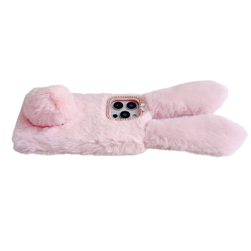 iPhone 16 Pro 3D Gummi Plüsch Case Hülle Bunny mit Flauschigen Hasenohren - Rosa