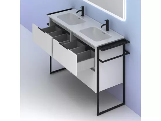 Meuble salle de bain double vasque en bois et métal KEIKO largeur 120 cm blanc brillant