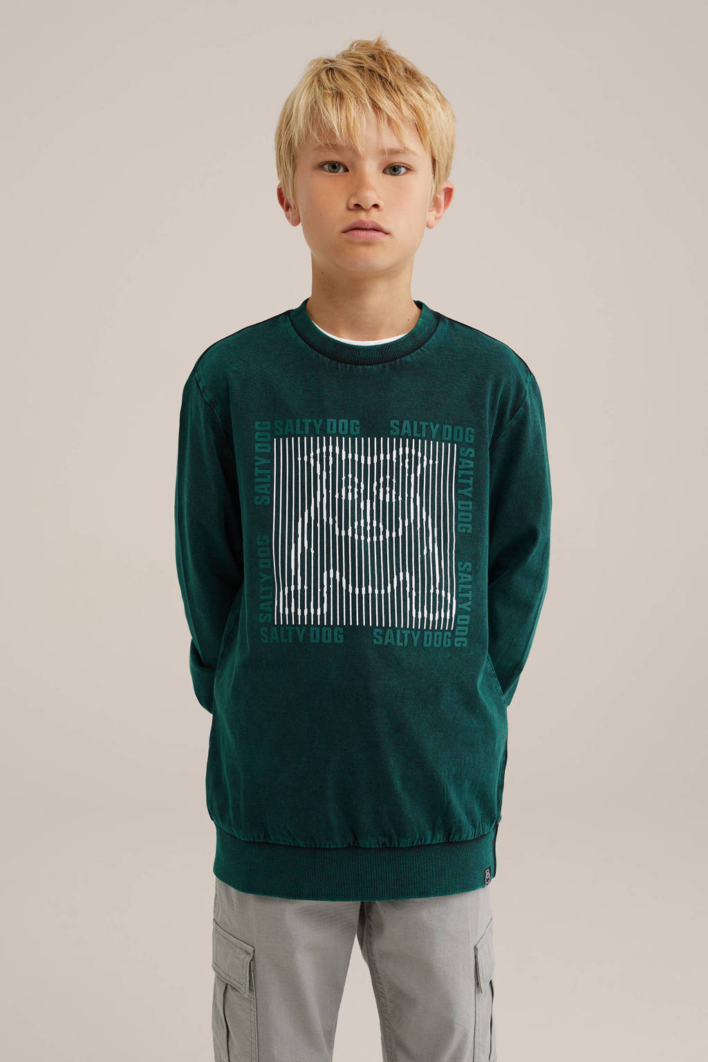 WE Fashion longsleeve met printopdruk donkergroen/wit