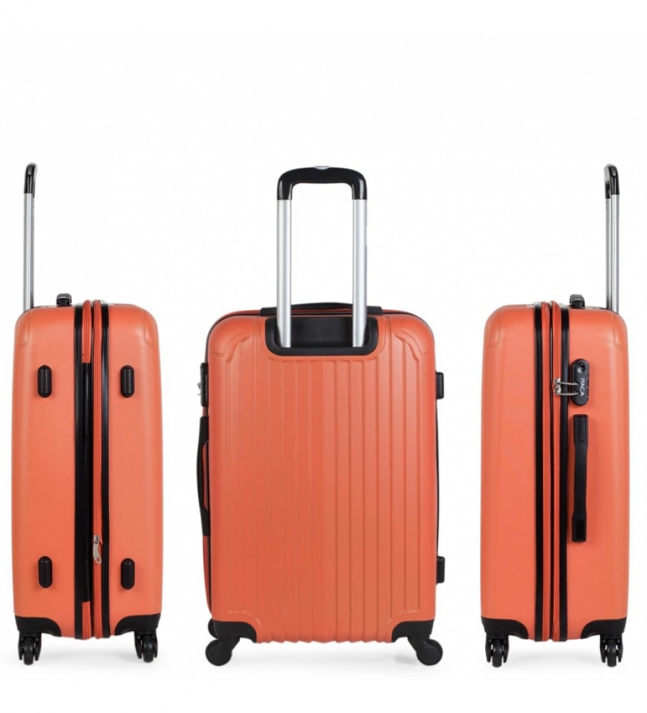 Conjunto de malas rígidas ITACA com 4 rodas, tamanhos 55/64/73 cm, cor laranja.