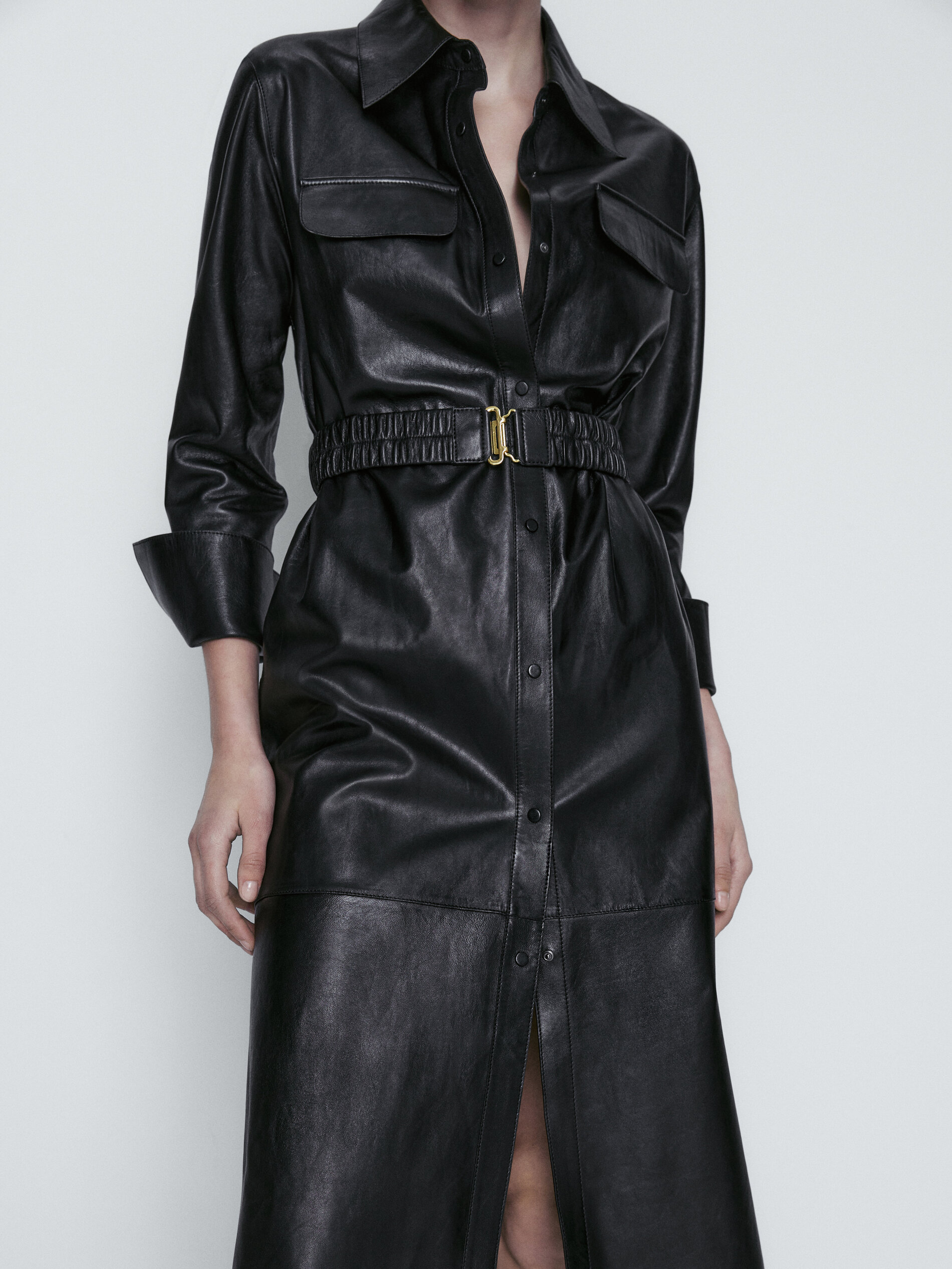 Cinto elástico de couro napa para vestido - PRETO