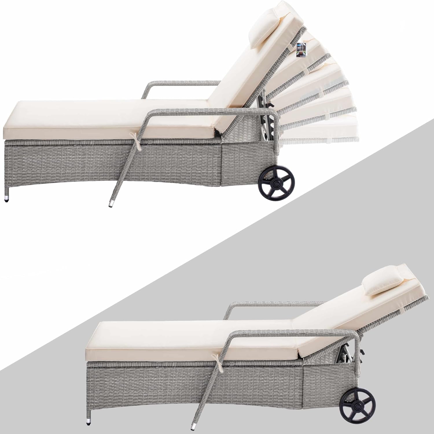 Casaria® Sonnenliege 2er Set mit Rollen 7cm Auflage Extra Breit 90cm Gartenliege Wetterfest 165kg Belastbar Terrasse Balkonmöbel Liegestuhl Creme