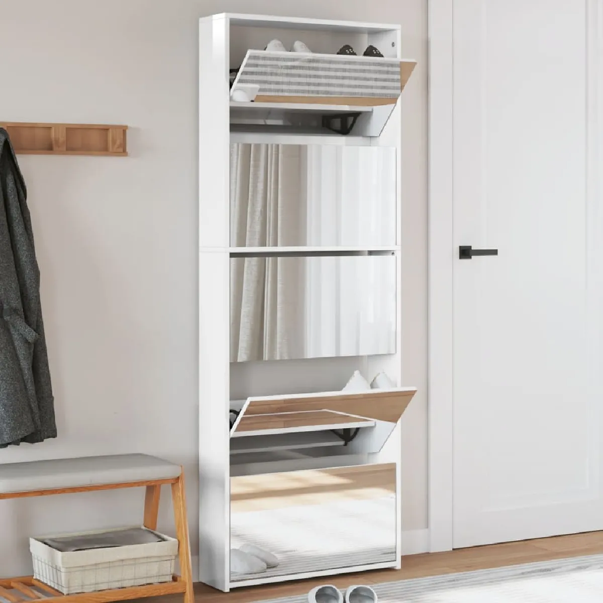 vidaXL Armoire chaussures miroir 5 niveaux blanc brillant