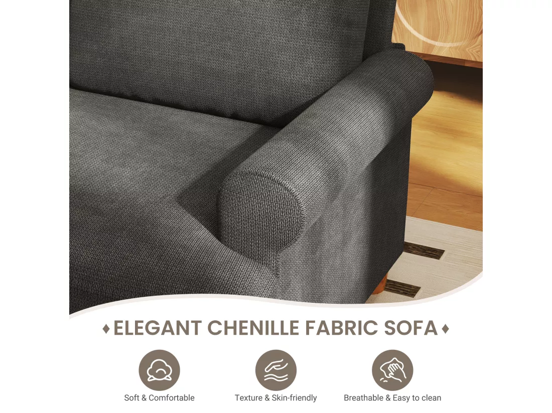 Canapé confort 3 places, Tissu en Chenille, avec accoudoirs,coussins et 2 oreillers, Charge max 365 kg - 220x76x86 cm