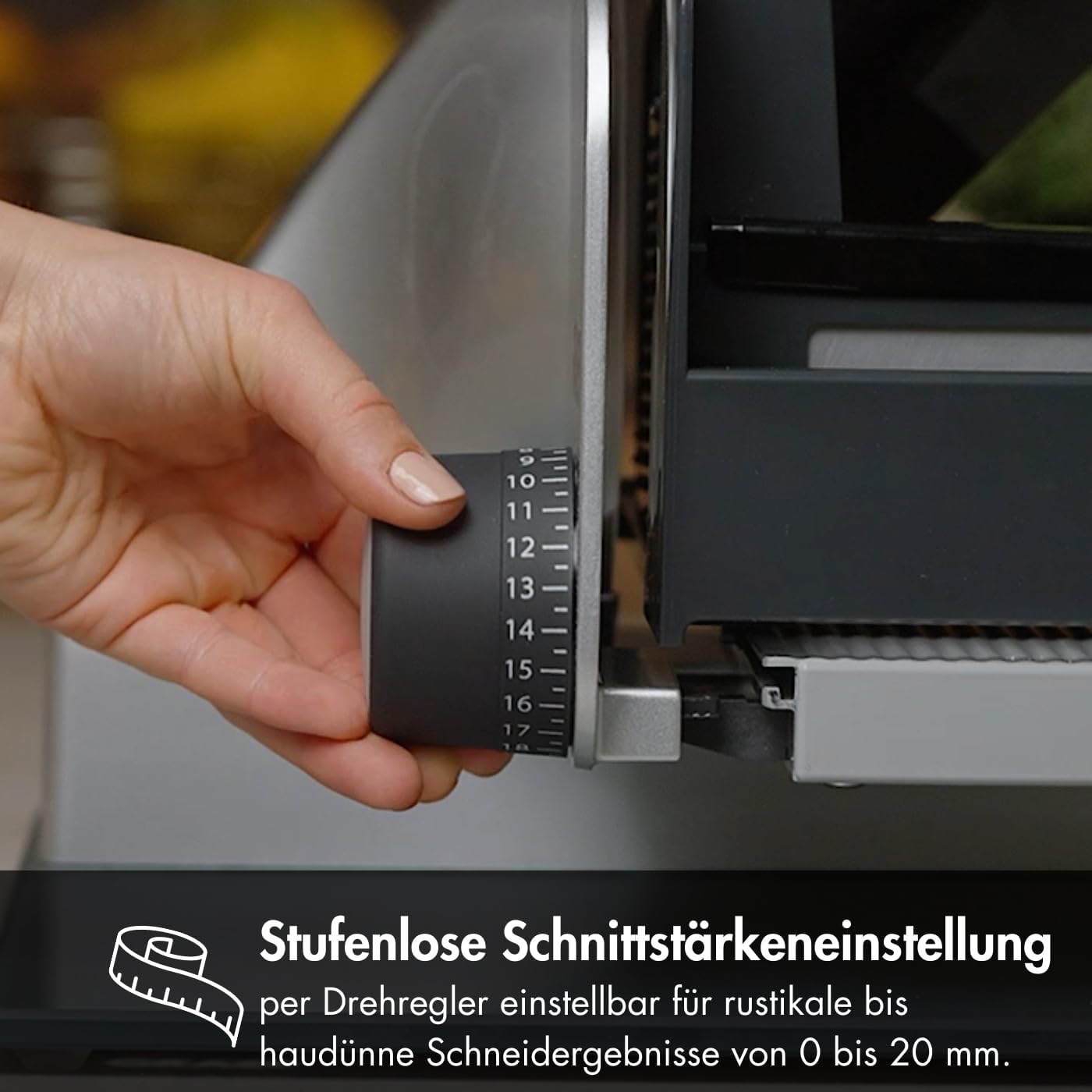 GRAEF. Master M20 - Elektrischer Allesschneider, Made in Germany, Vollstahlmesser Ø 170 mm für feinste Schnitte, Schnittstärke 0-20 mm, Kondensatormotor 170 W, Vollmetall, Schneidemaschine, Silber