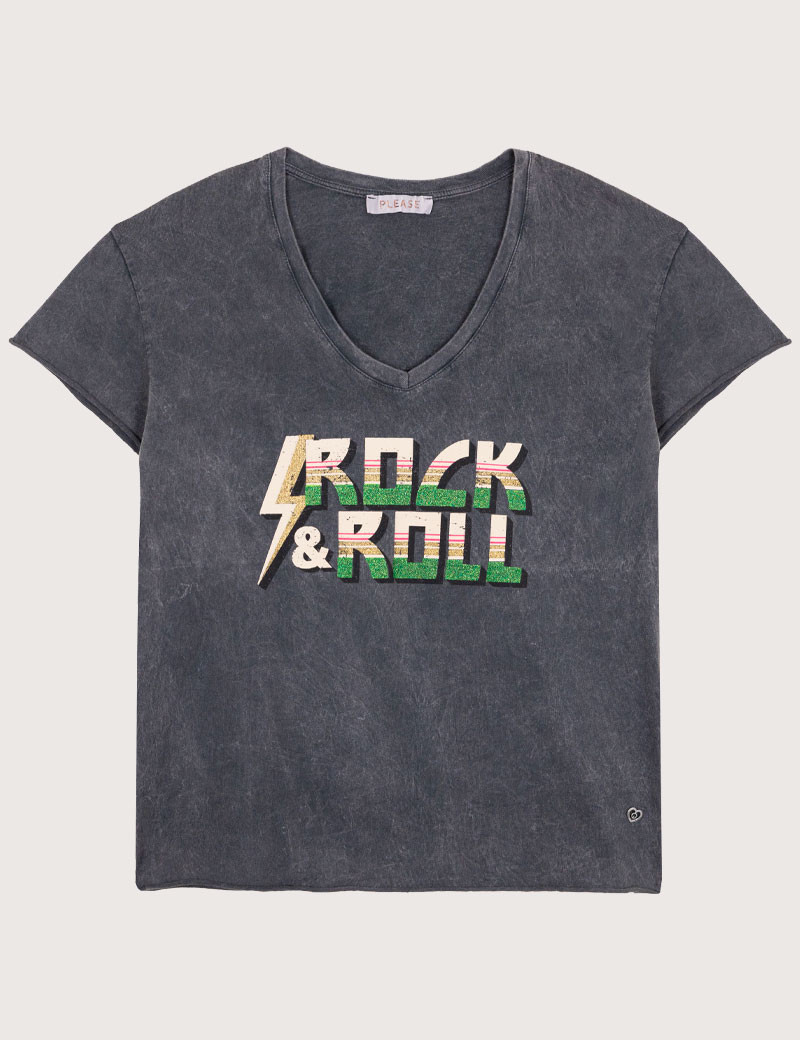 PLEASE T-SHIRT MANCHES COURTES ROCK'N'ROLL NOIR