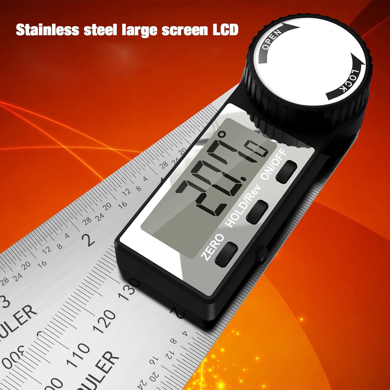 (40cm) Digitaler Edelstahl Winkelmesser Klapplineal Streichmass Winkelschmiege Mess Werkzeug für Heimwerker (inkl. CR2032 Batterie) - Silber