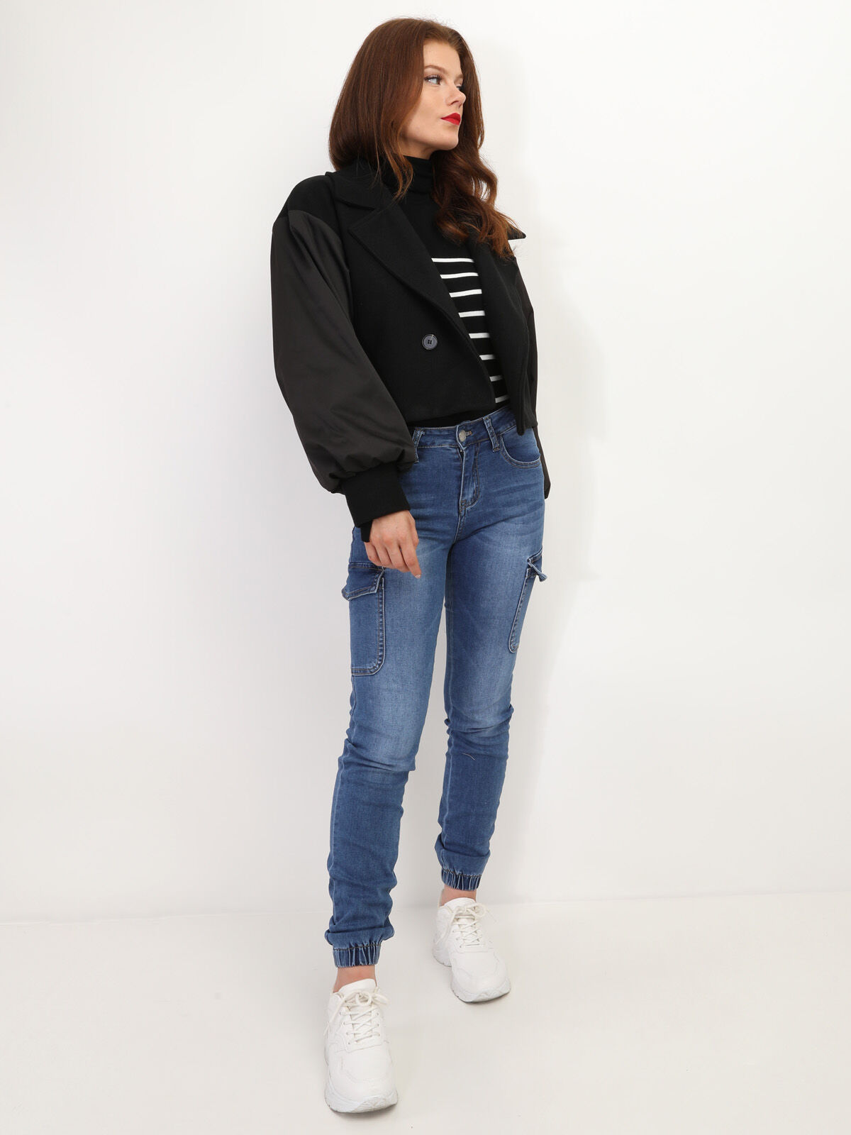 Veste courte croisée bi-matière- Noir