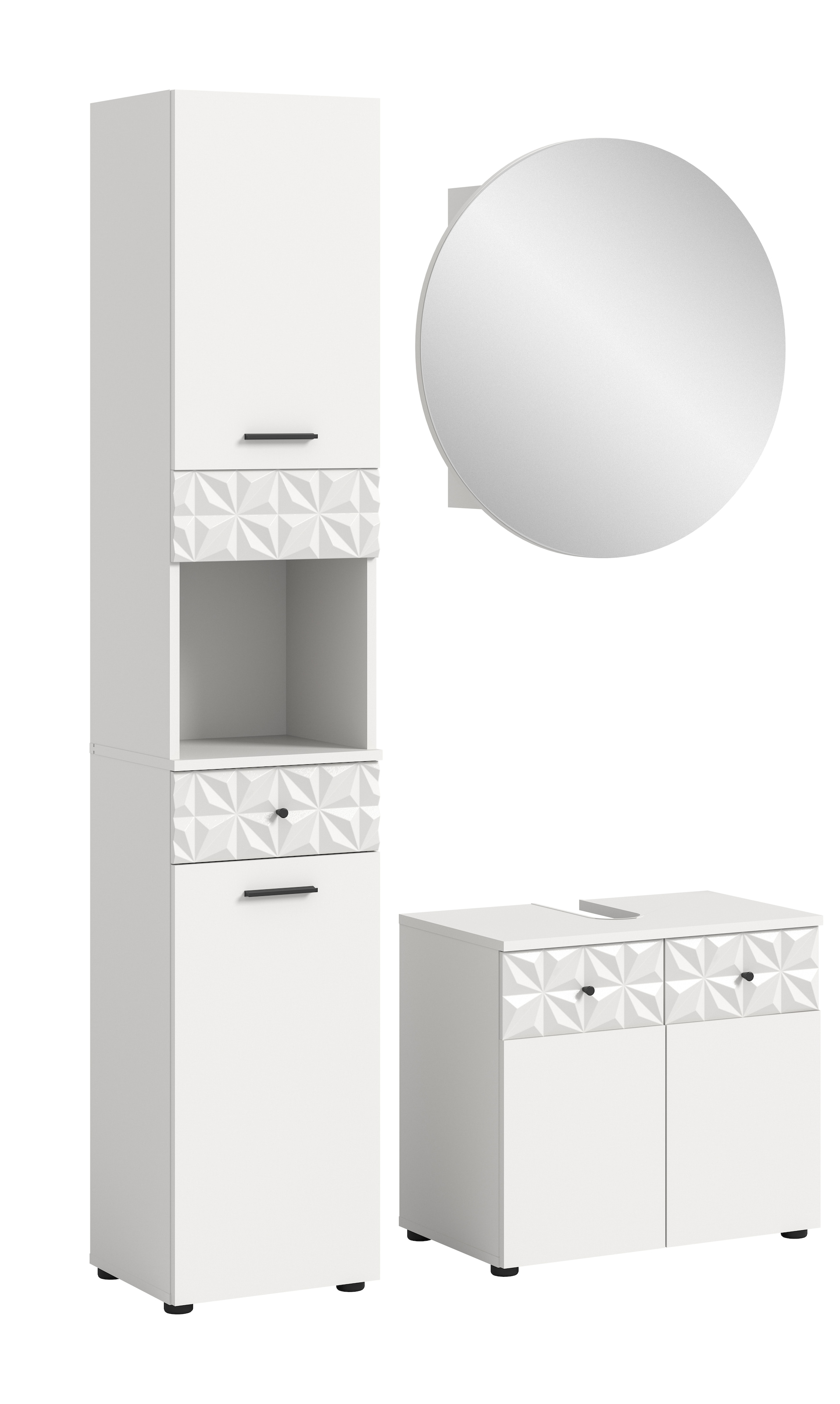 INOSIGN Badezimmer-Set »VICENZA, TOPSELLER!, Breite 110cm, 3-teilig, mit Ornamentabsetzung« best. aus: Hochschrank, Waschbeckenunterschrank und Spiegelschrank,