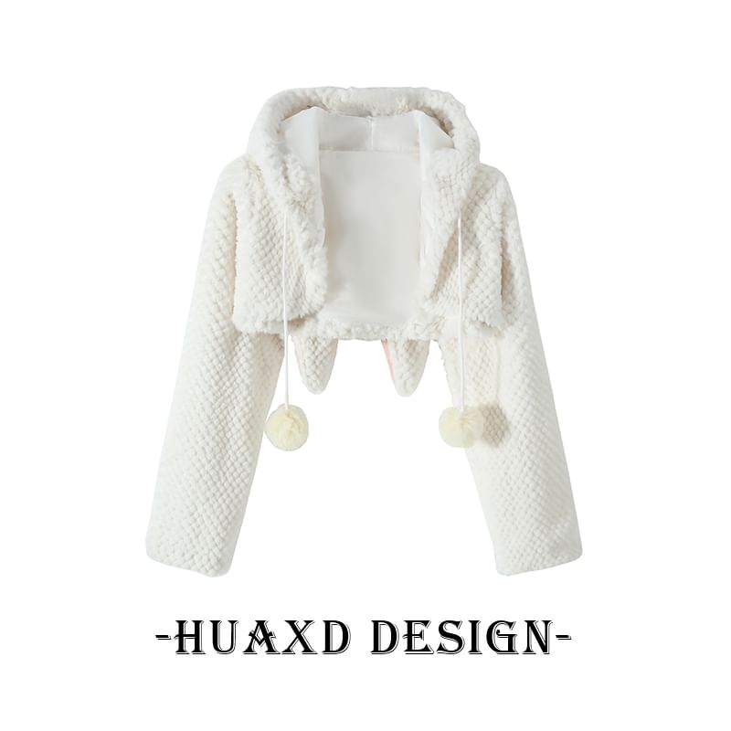 SPUCIKLEI - Fleece cropped jack met capuchon en pompons / mouwloos topje met vetersluiting / set