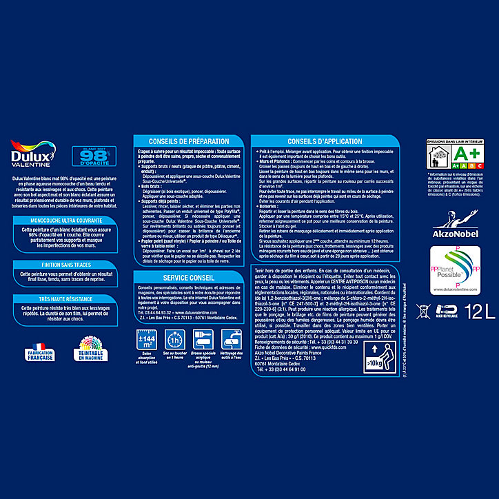 Peinture murs plafonds et boiseries Dulux Valentine 98% monocouche mat blanc 10L +20% gratuit