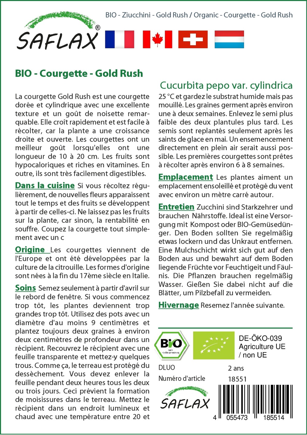 Kit cadeau - bio - courgette - gold rush - 5 graines - cucurbita pepo var. Cylindrica