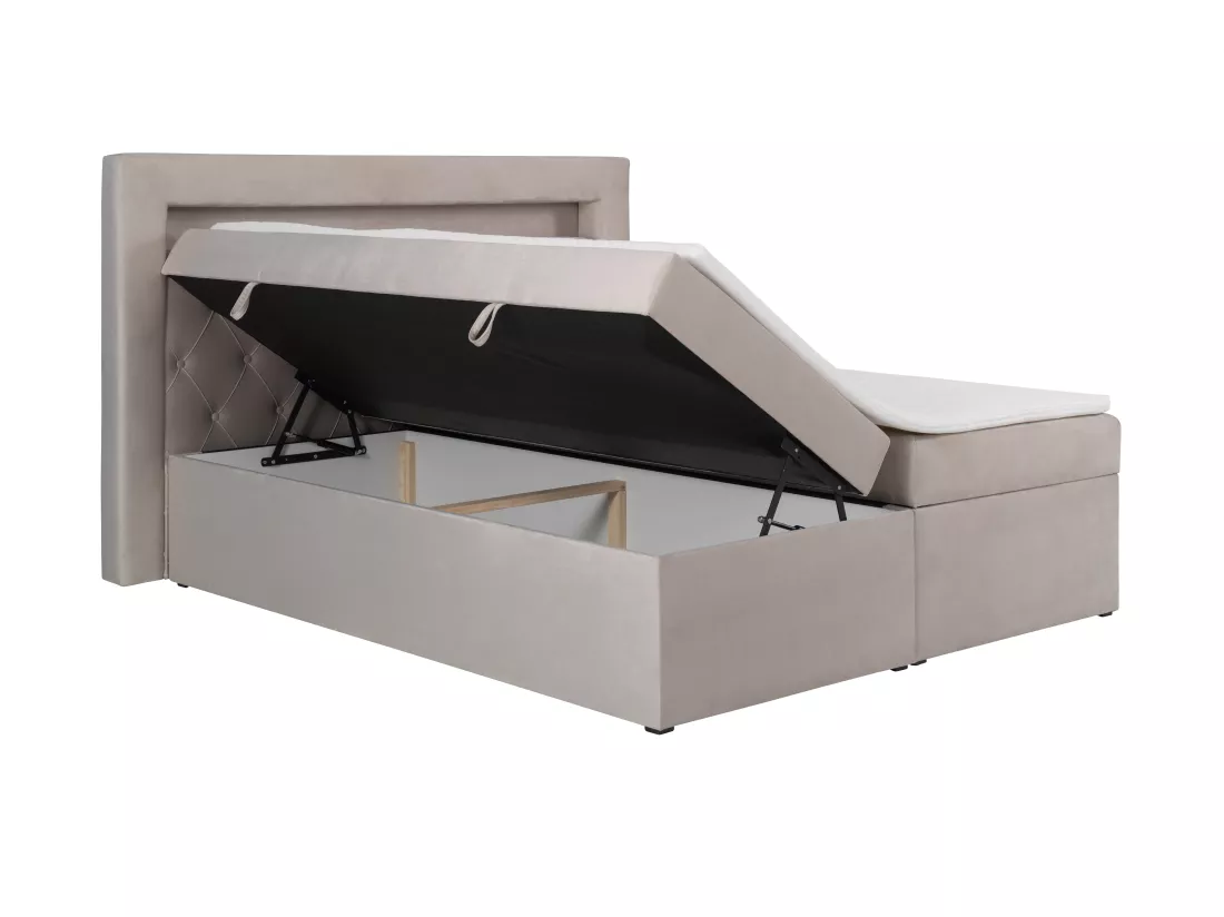 Ensemble complet literie déco tête de lit avec led + sommiers coffre + matelas + surmatelas - 180 x 200 cm - Velours - Beige - ORANA de YSMÉE