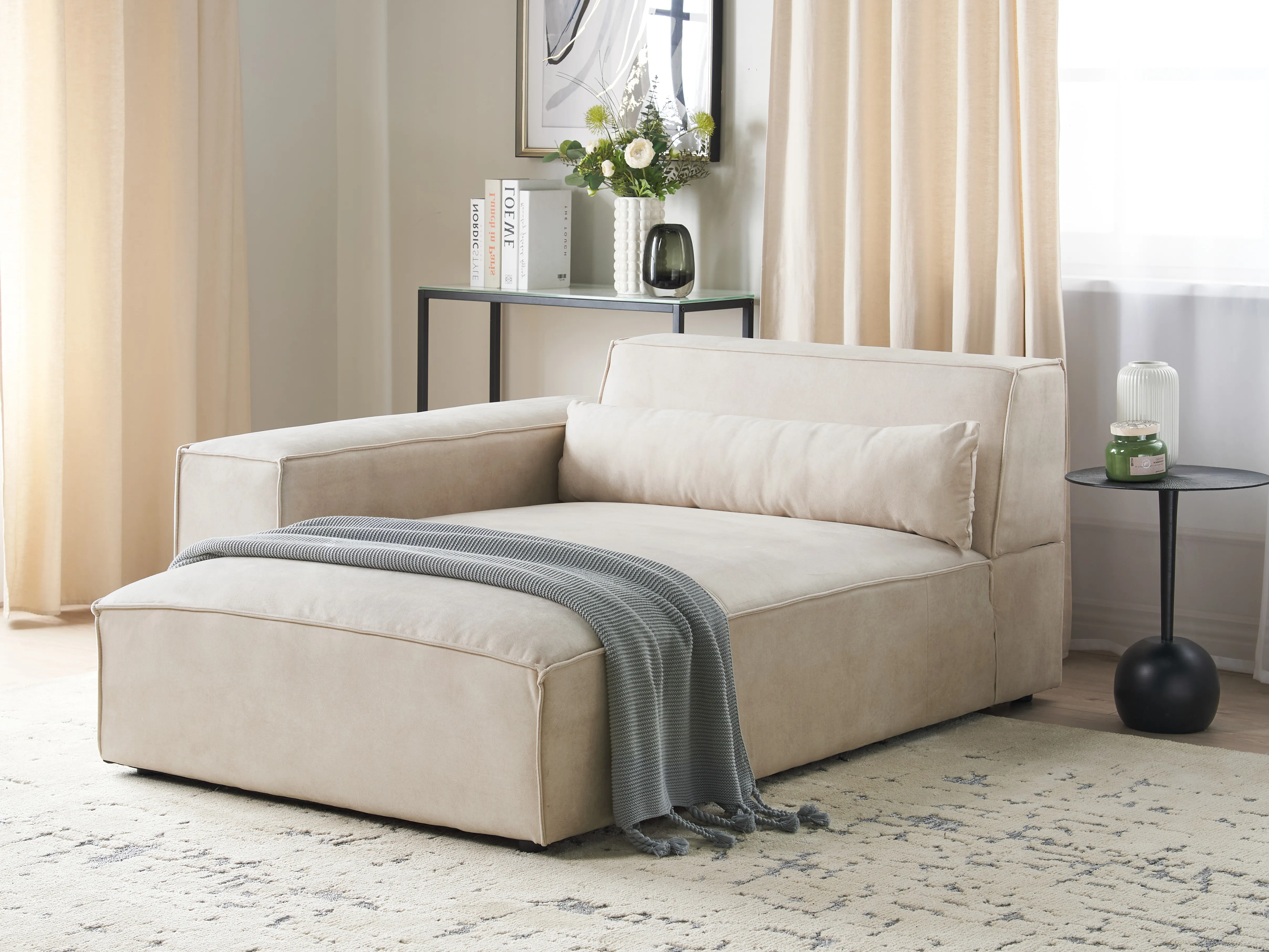Rechtszijdige chaise longue HELLNAR Fluweel Lichtbeige