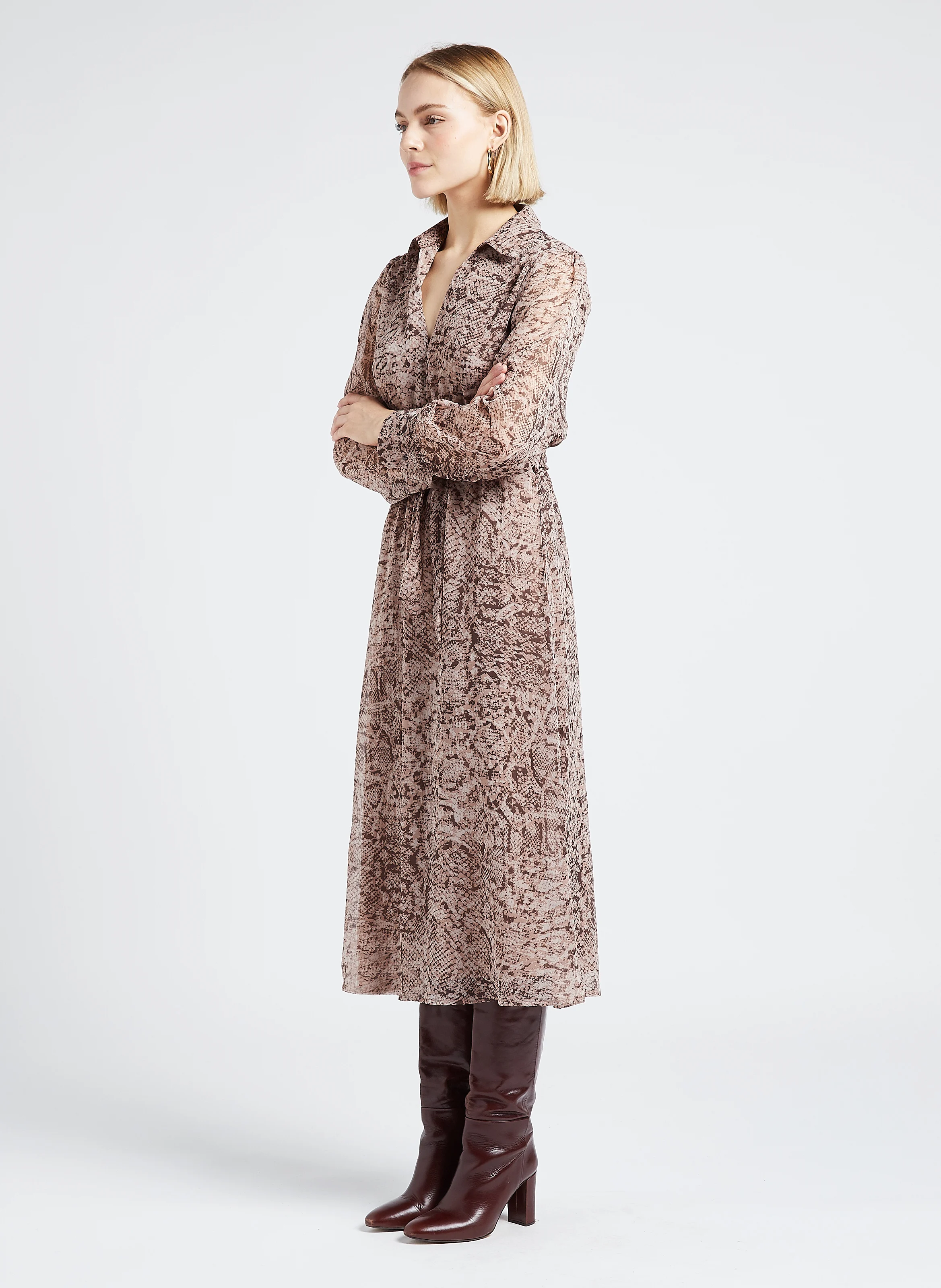 LORETTE - Robe mi-longue col italien imprimée | Beige