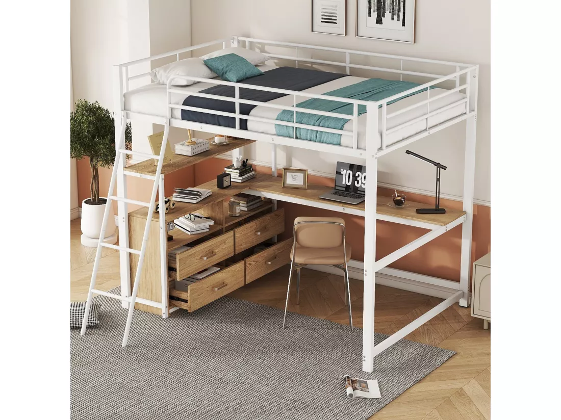 Lit mezzanine 140x200cm - bureau d'angle avec tiroirs - en MDF et métal - Blanc