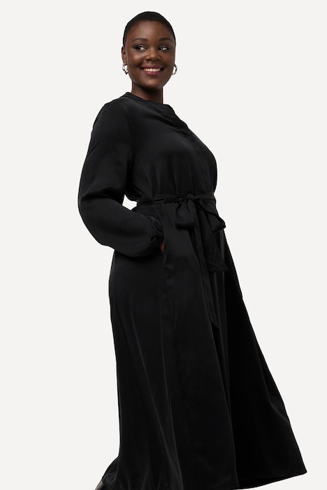 Cupro-Midikleid, Stehkragen, V-Ausschnitt, Langarm