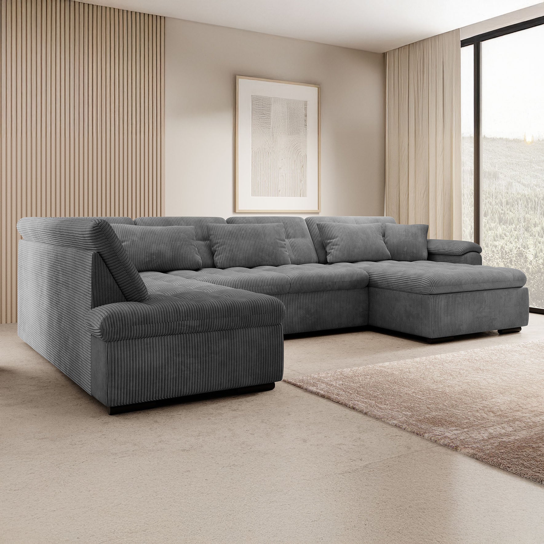 Nicoreta - Hoekbank 5-zits met chaise longue - Ribstof donkergrijs - Rechts