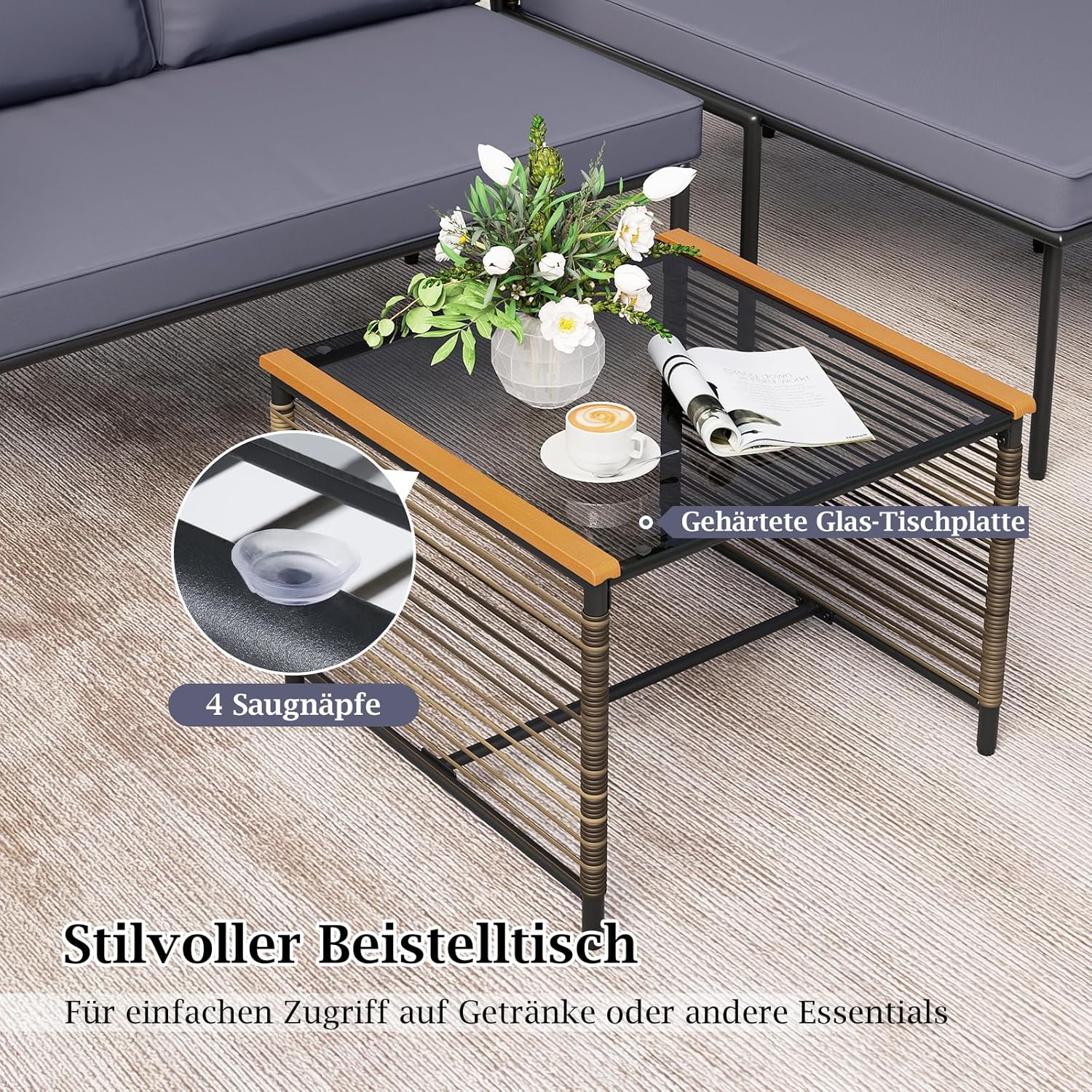COSTWAY Lounge Möbel Outdoor, Polyrattan Gartenlounge mit Tisch und Kissen, Gartenmöbel Set, Balkonmöbel, Terrassenmöbel, 3-teilige Sitzgruppe, Sitzgarnitur für Garten, Terrasse, Balkon