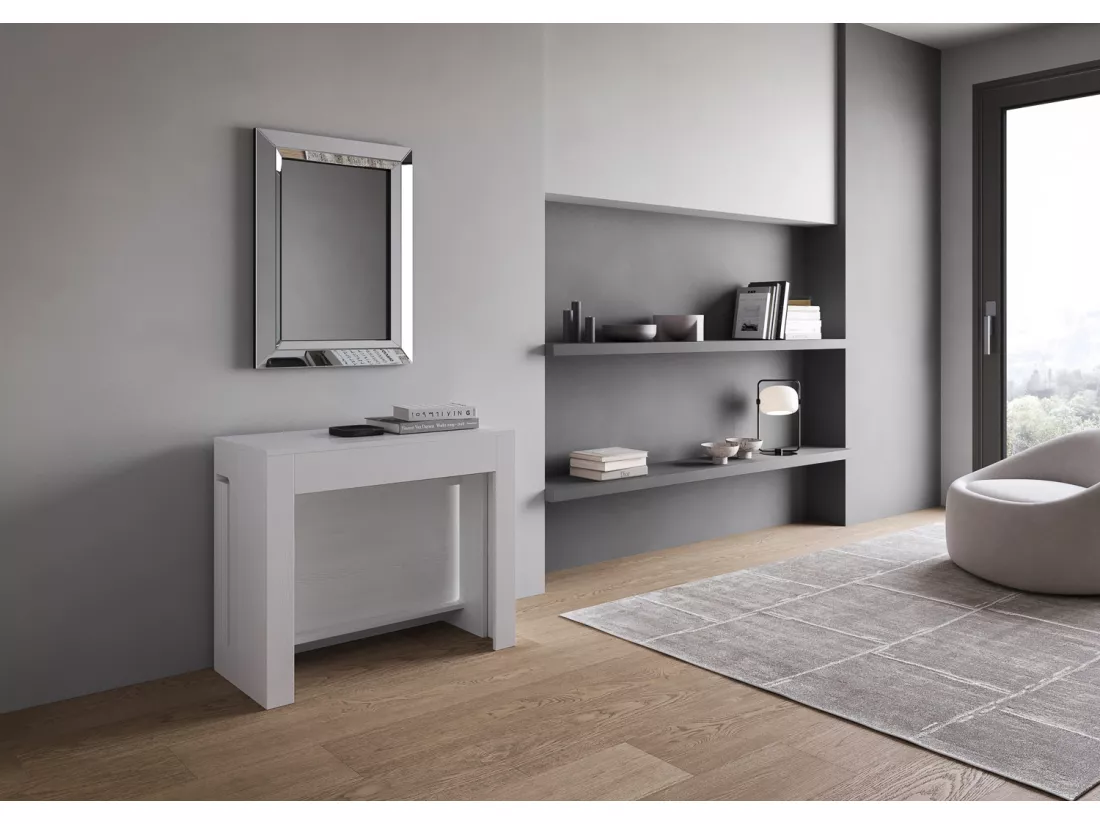 Console extensible 90x42/302 cm Evolve Frêne Blanc rallonges internes avec bancs inférieur et supérieur