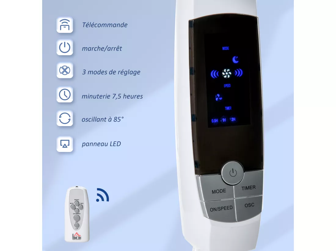 Ventilateur sur pied Ø 45 cm hauteur réglable oscillant silencieux 50 W avec télécommande timer 3 modes 3 vitesses blanc