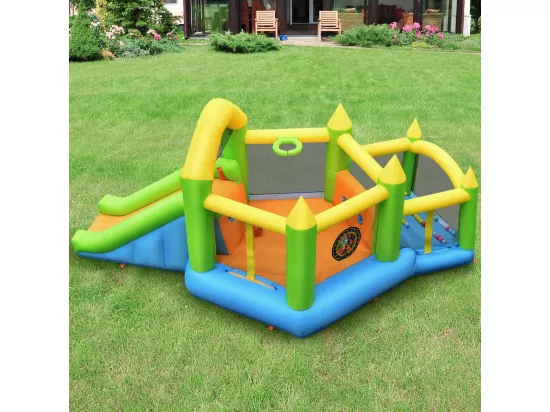 Château Gonflable en Forme de Pentagone avec Toboggan, Maison de Rebond Gonflable avec Piscine à Balles, Panier de Basket, Intérieur Extérieur pour 3 Enfants de 3-10 Ans（sans souffleur)