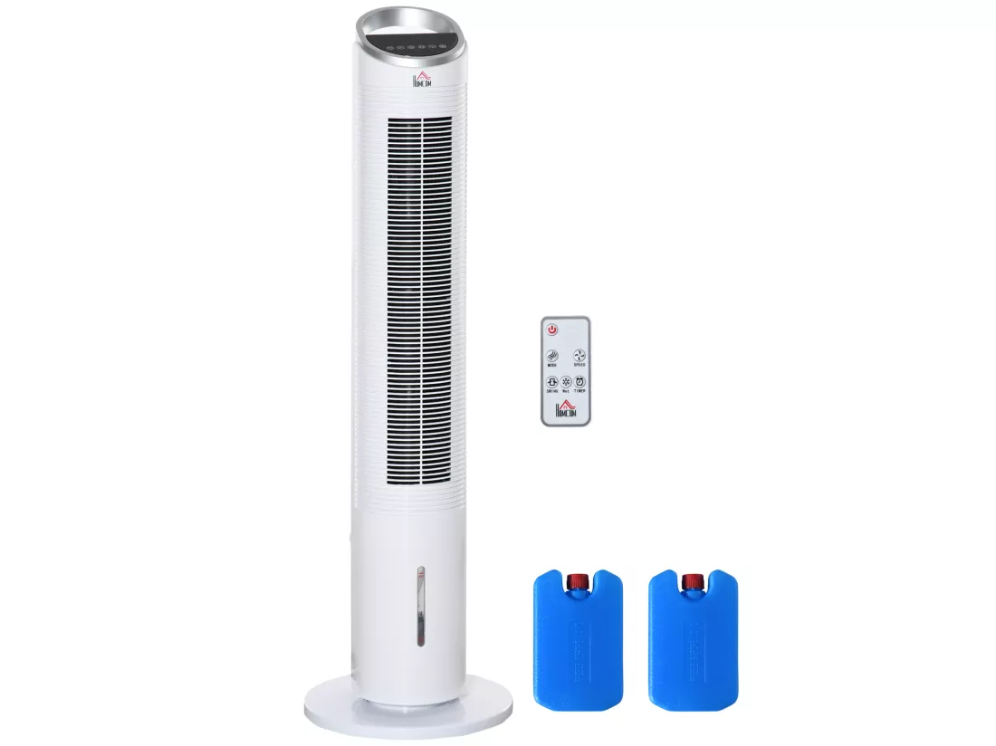 HOMCOM Ventilateur colonne rafraichisseur d'air humidificateur 3 en 1 - puissance 60 W - oscillant, silencieux - timer, 3 modes, 3 vitesses - télécommande incluse - blanc