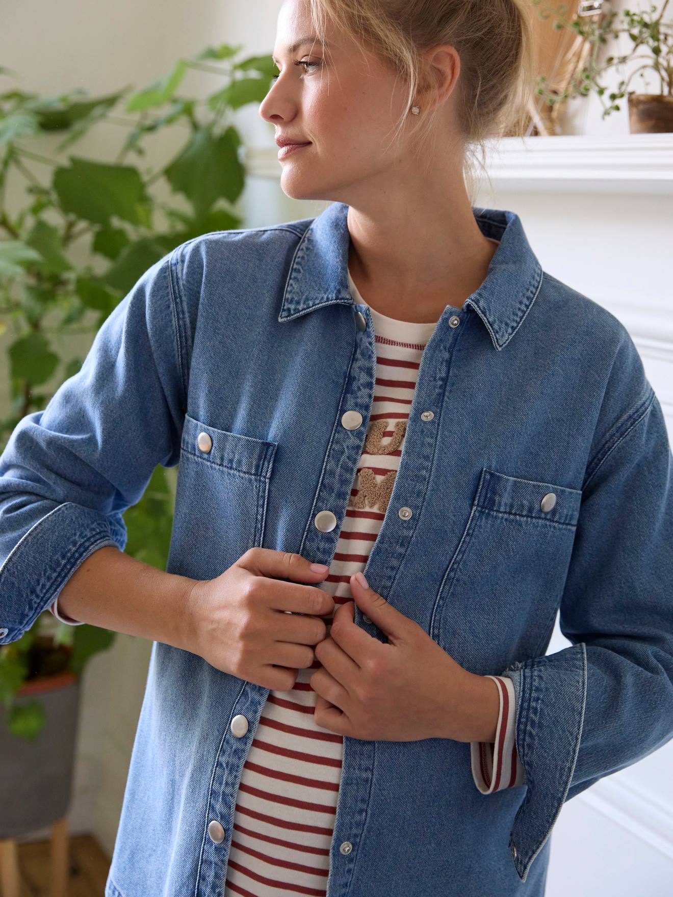 Camisa jeans para gestantes e lactantes, jeans natural