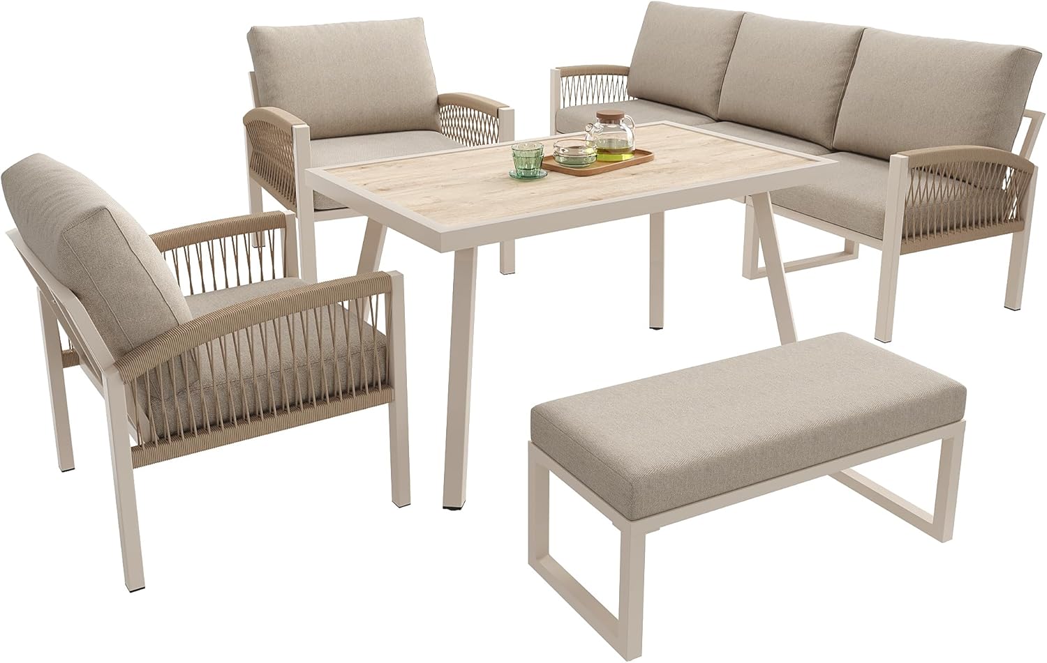 Merax Gartensofa-Set Gartensofa für 7 Personen, Robustes Eisengestell und beige Polster, Tisch mit Holzoptik-Glasplatte & 2 Sesseln, Wetterfeste Terrassen-Garnitur für Garten, Balkon & Terrasse
