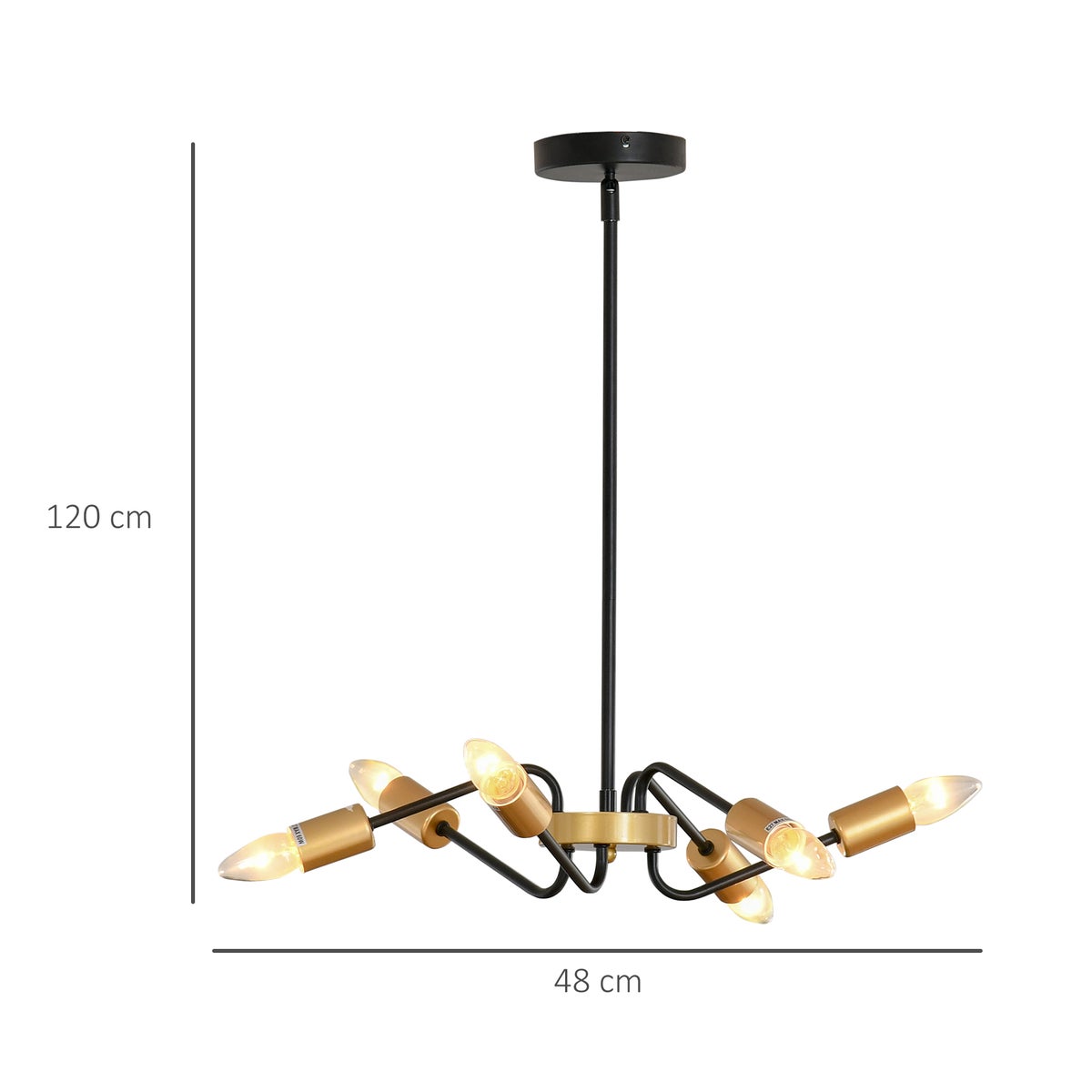 HOMCOM hanglamp, 6-lamps, in hoogte verstelbaar, met E27-fitting, Ø48 x 120 cm, metaal, zwart+goud