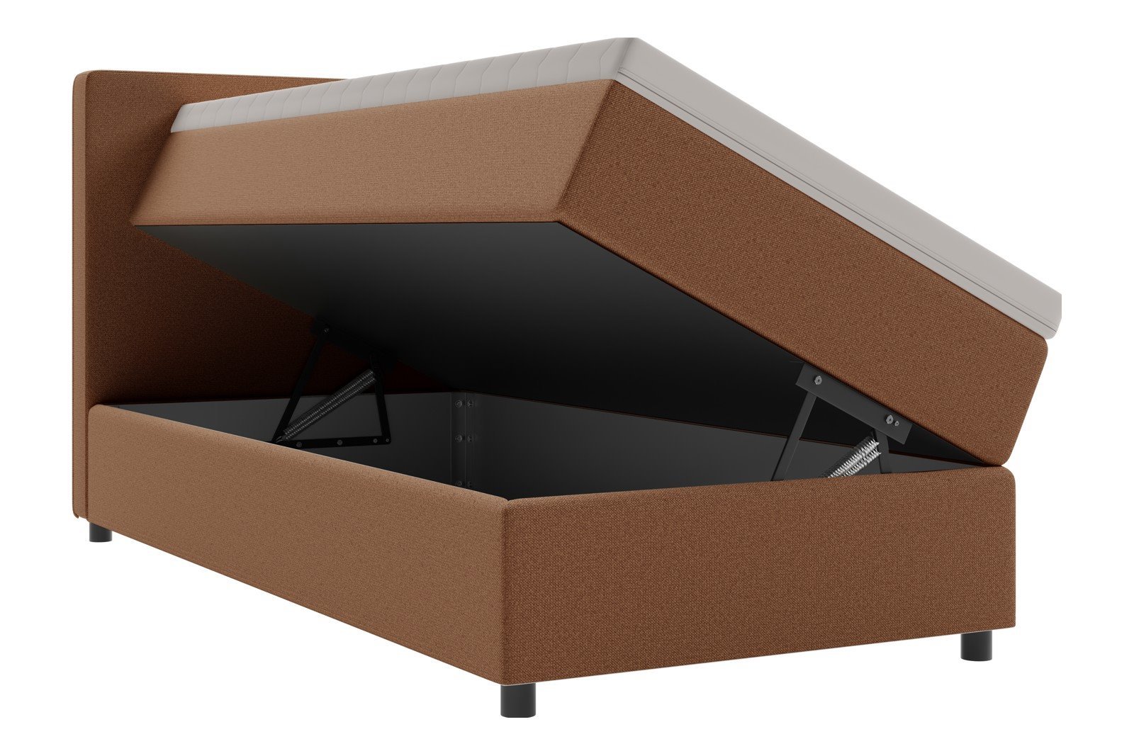 Premium 10 oppbevaringsseng 120x200 cm Magasinseng med oppbevaring, åpnes fra siden. I tekstil storm 54 tan, med medium fasthetsgrad og premium 10 overmadrass,sorte ben. Sengegavl selges separat.