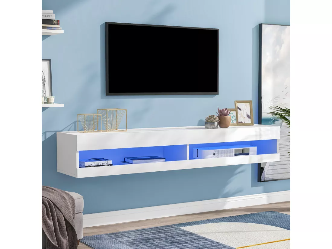 Banc TV suspendu 140 cm avec LED - Blanc