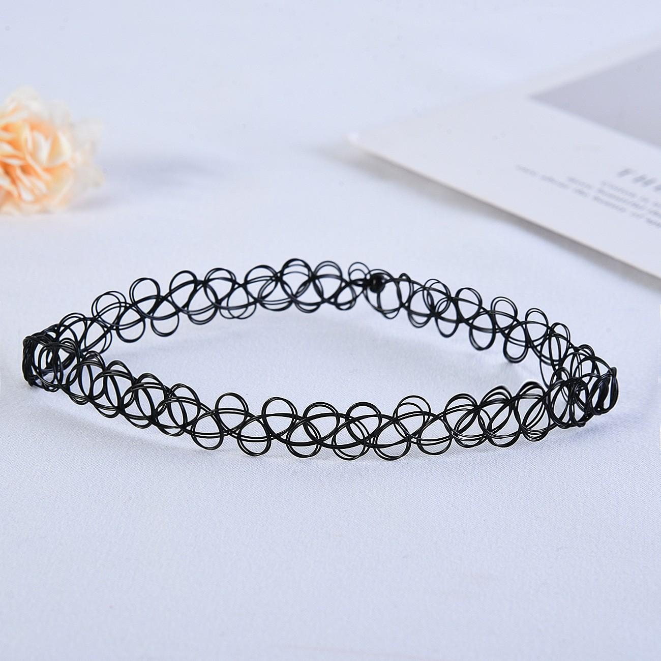 (12er Set) Elastische Halskette Henna Choker Accessoire - Schwarz