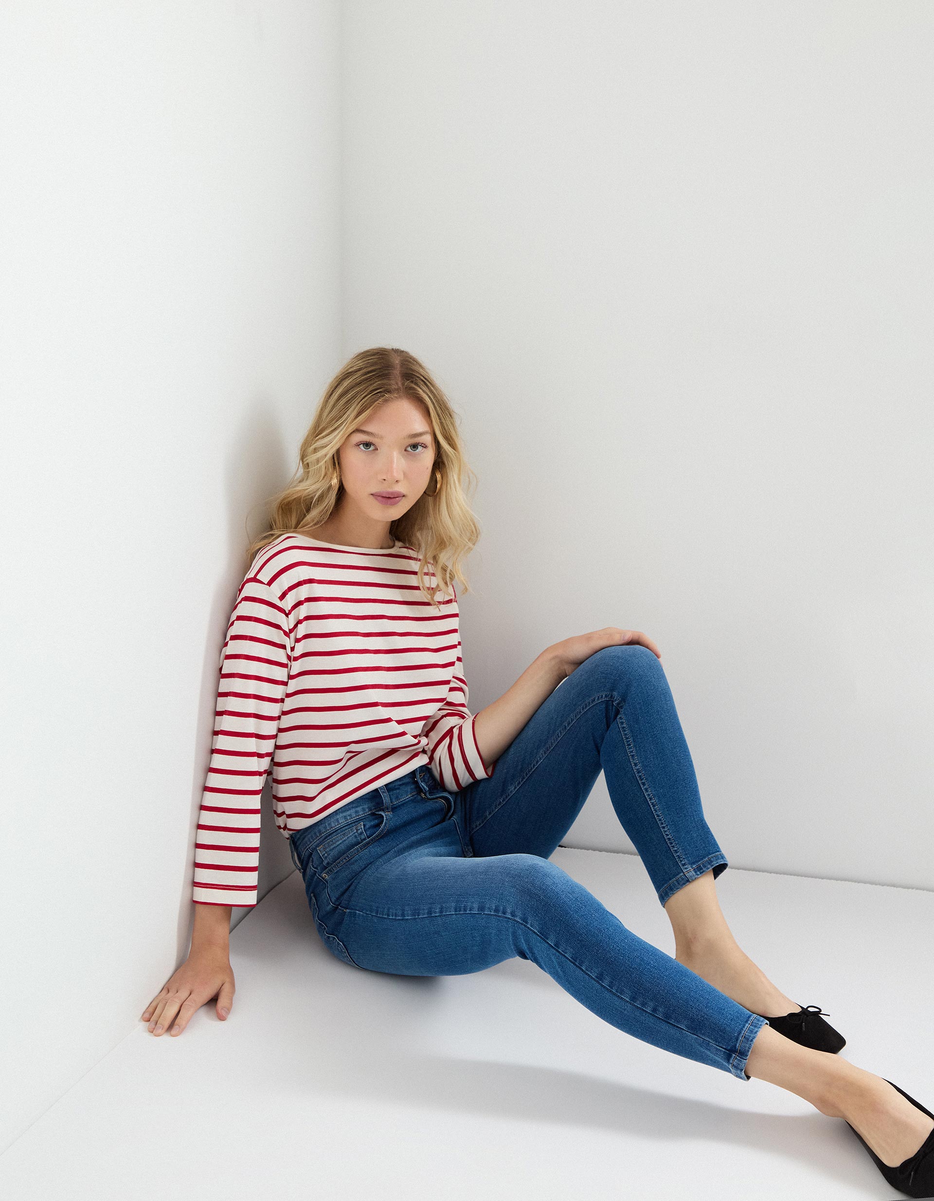Camisola Riscas, Mulher, Vermelho Escuro
