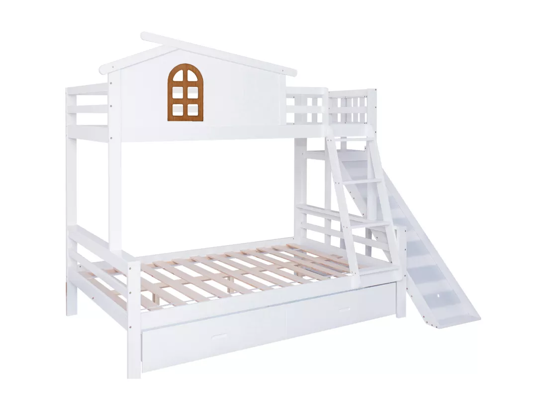 Lit superposé en bois massif blanc avec fenêtre caractéristique, toboggan et deux tiroirs, lit enfant et lit mère, 90x200 & 120x200cm
