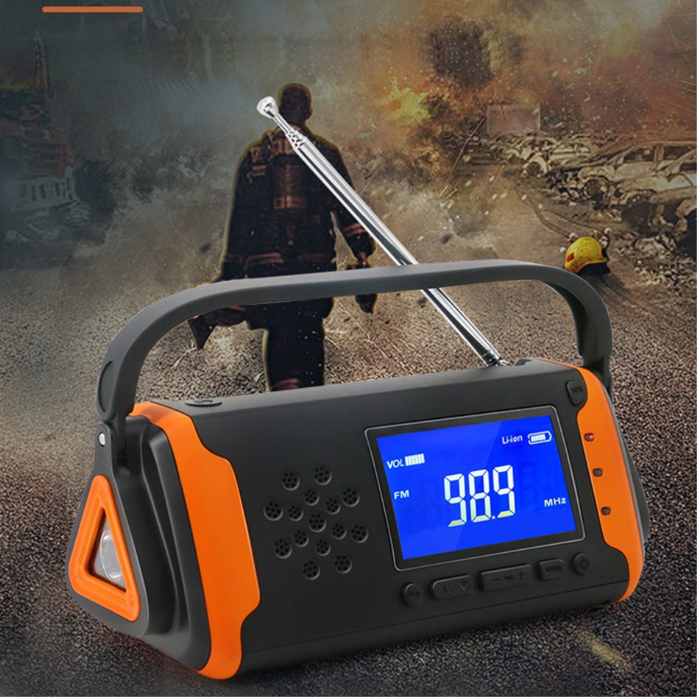 (20x8cm) 4in1 Digitales Outdoor Kurbel Radio mit WB/AM/FM / USB Powerbank / Solar Taschenlampe / SOS Alarm - Schwarz / Orange