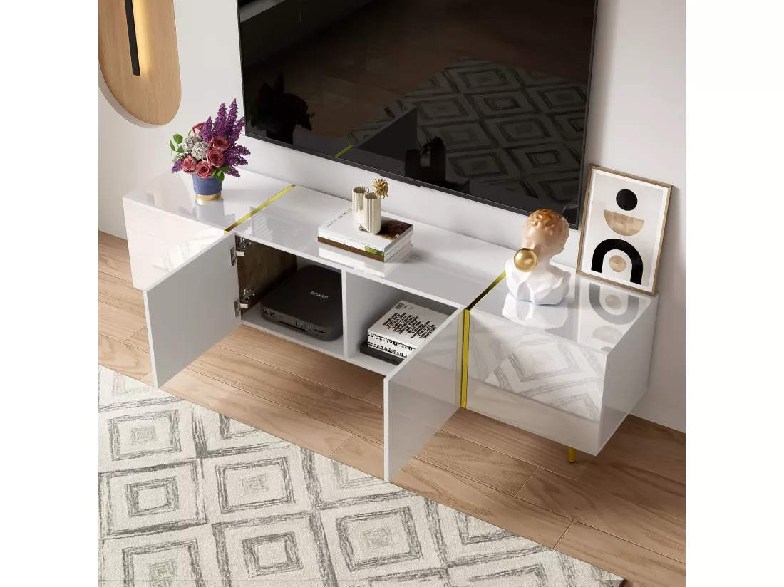 Meuble TV moderne avec 4 portes - 170 x 35 x 46 cm - Bois MDF - Blanc brillant et or