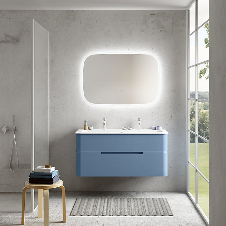 Ensemble salle de bains L. 119 cm meuble sous vasque bleu mat + plan vasque blanc brillant Alba