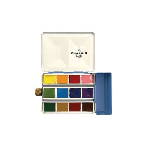 CHARVIN extrafeine Aquarellfarbe, 12 x 1/2 Näpf., Metallkasten mit Wassertank