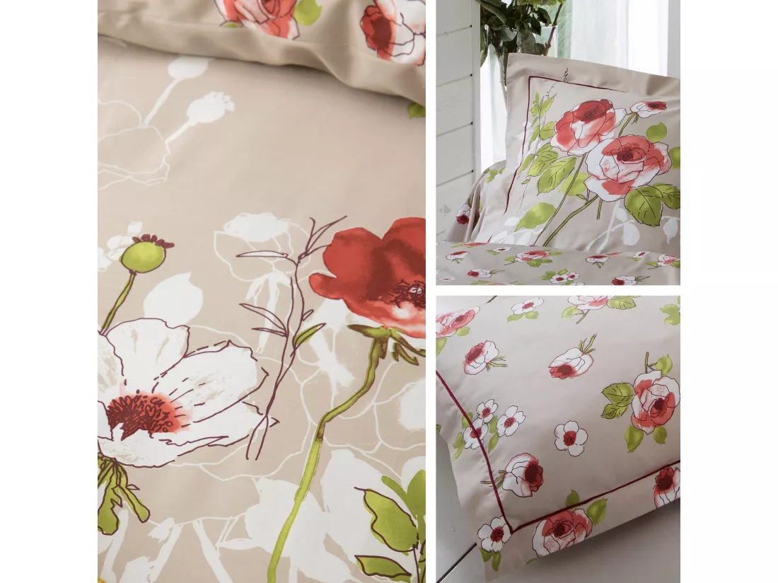 Housse de couette 200x200 cm satin de coton ROSERAIE beige ficelle