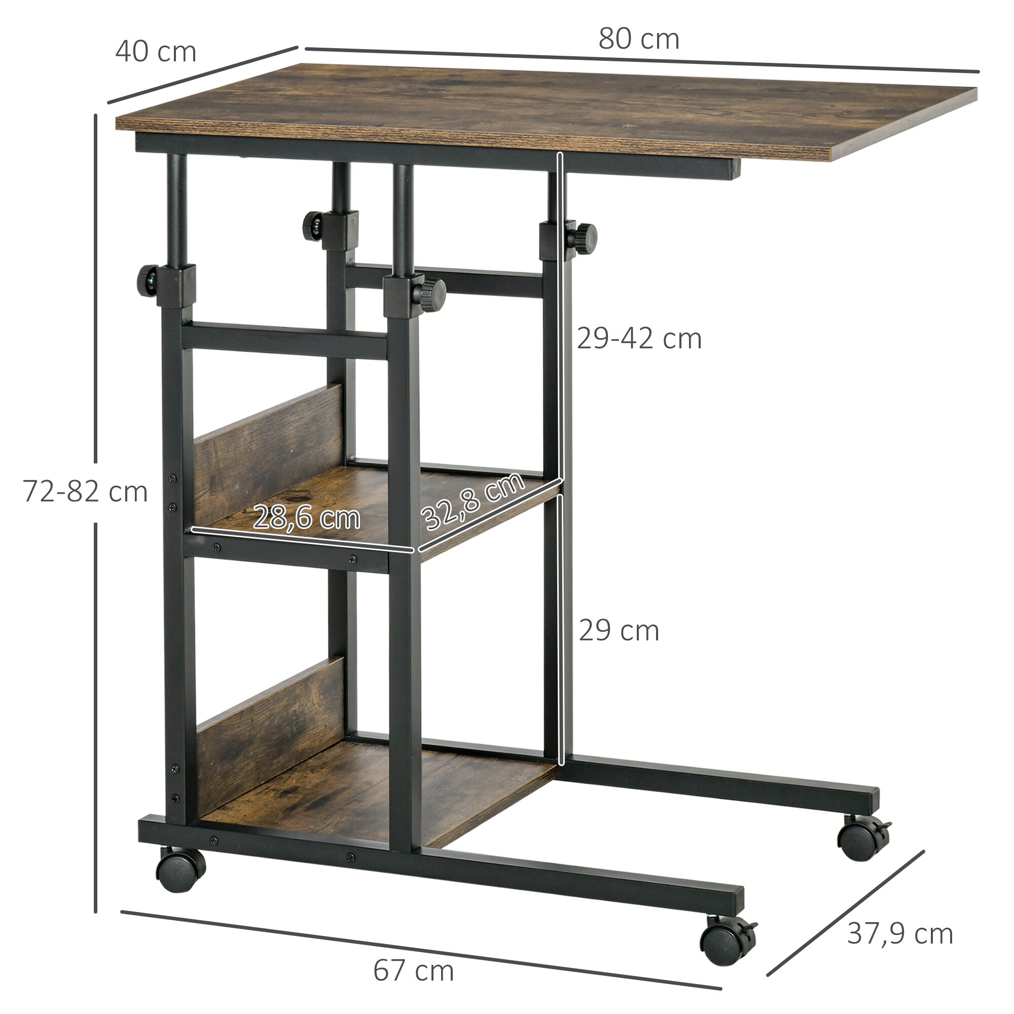 HOMCOM Beistelltisch mit 4 Rollen und 2 Bremsen 80L x 40B x 82H cm