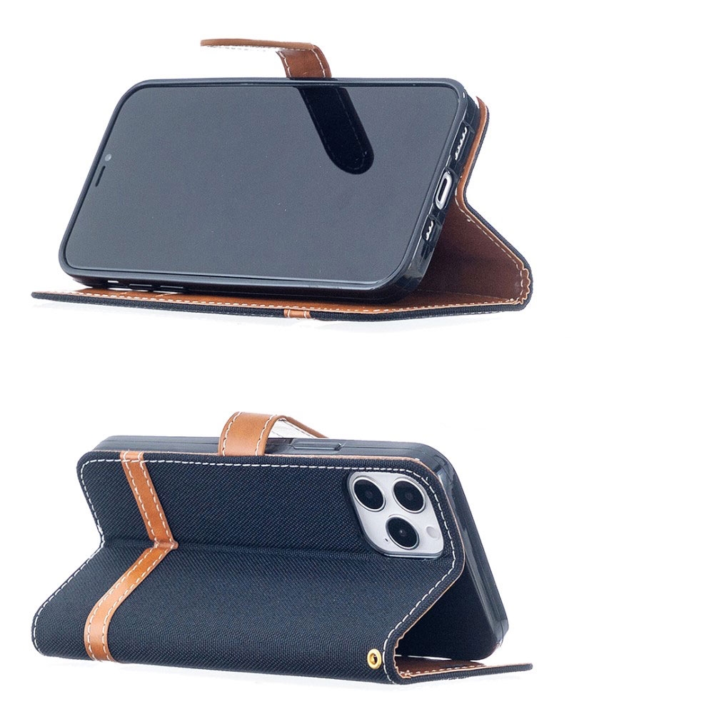 iPhone 12 / iPhone 12 Pro Stoff Tasche im Jeans Look mit Kartenfach   Magnetverschluss - Schwarz / Braun