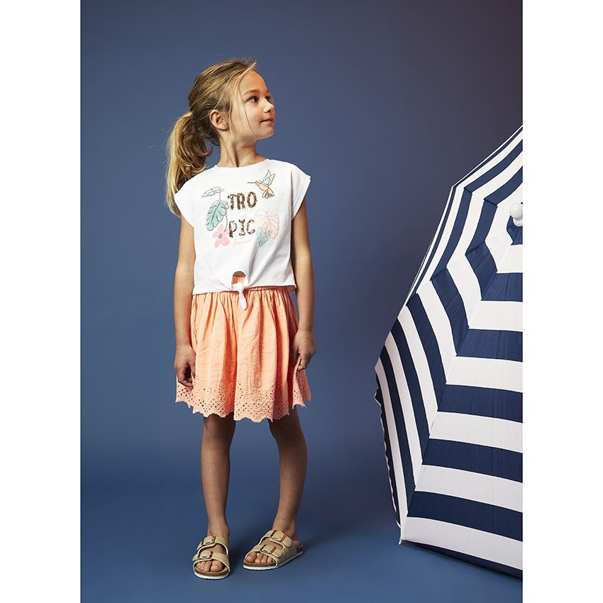 Jupe courte patineuse avec broderie anglaise pour fille - Corail