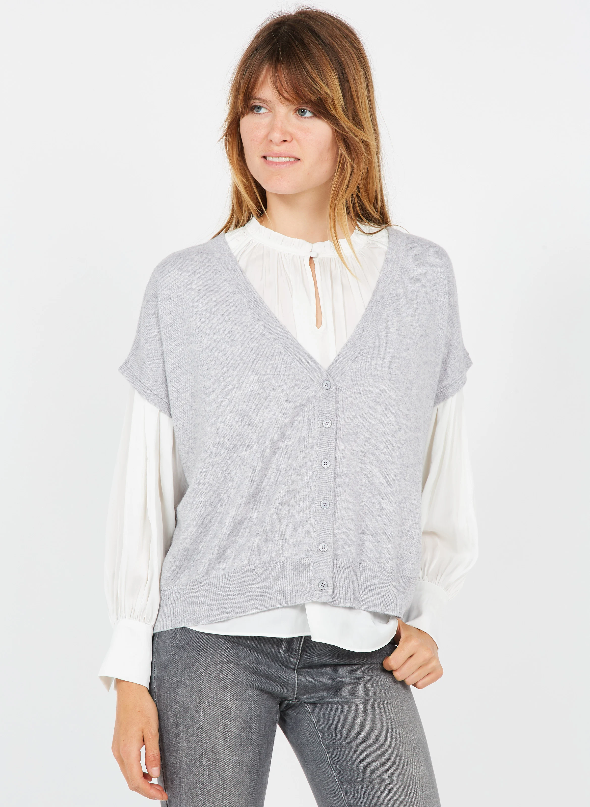 LEXIE - Gilet col V en laine mélangée | Gris