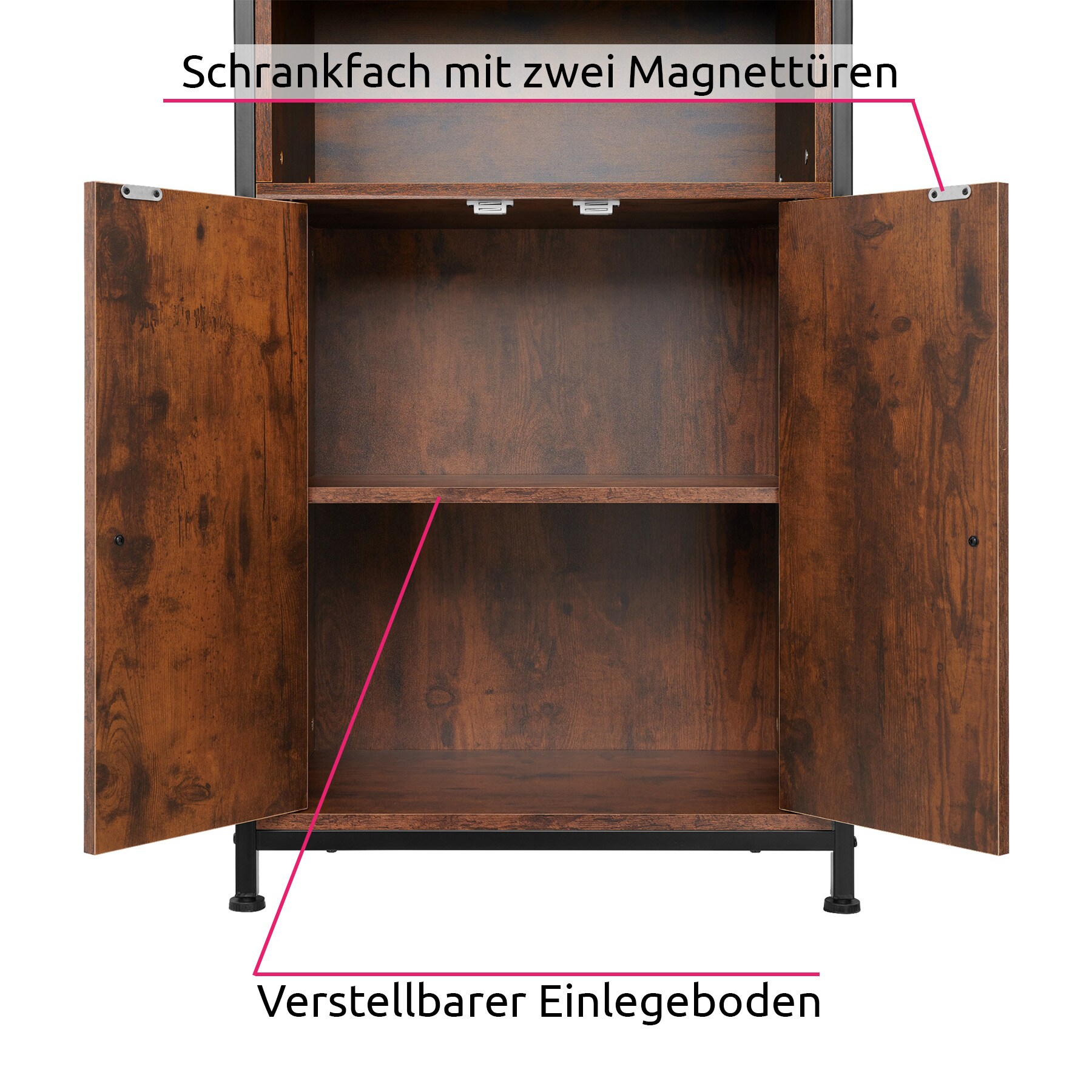 tectake® Highboard, Industrial Style, 2 offene Fächer mit Deckplatte, mit höhenverstellbaren Füßen, 60 x 38 x 125 cm